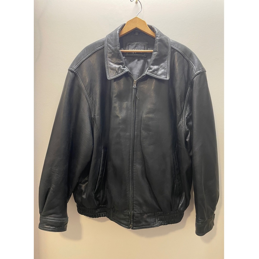 Baracuta Mens Black Leather Bomber Jacket Full Zip Harrington Coat XXXL 3XL